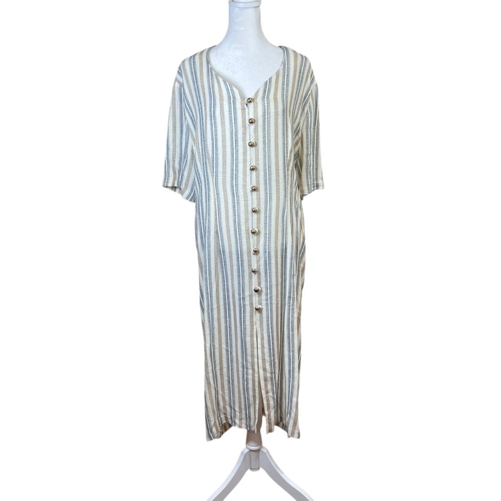 VTG 80s Diana Marco Flax Linen Midi Dress Kaftan Boho Lagenlook Plus Sz 16W USA